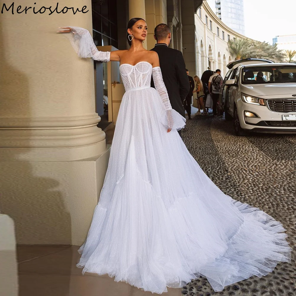 Merioslove Boho Dotted Tulle Wedding Dresses Sweetheart Long Sleeves A-Line Bridal Gowns Beach Bride Dress שמלות כלה