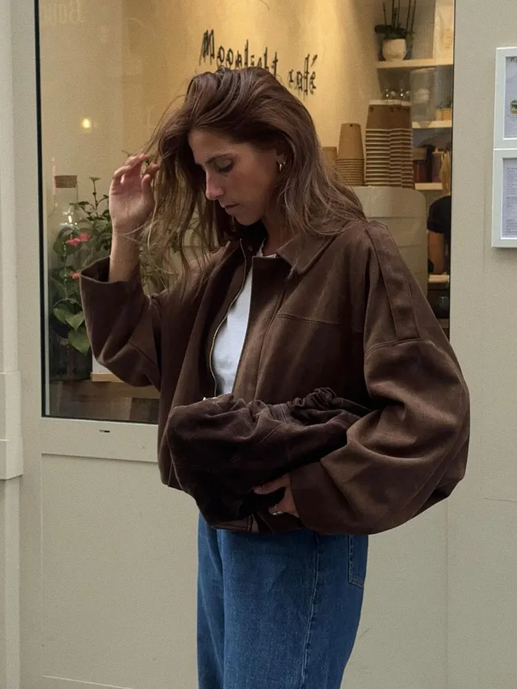 HH الخريف المرأة فضفاضة عادية كبيرة الحجم سترة خمر الصلبة سحاب أكمام طويلة معطف من جلد الغزال موضة جديدة الإناث Y2K الشارع الشهير