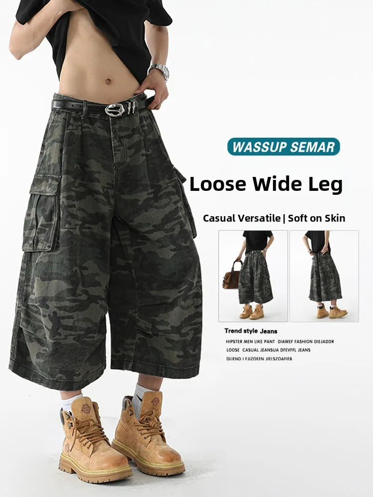 

Wassup Semar American Retro Camouflage Workwear Shorts Men's High Street Loose Wide Leg Seven-Foot Casual Pants