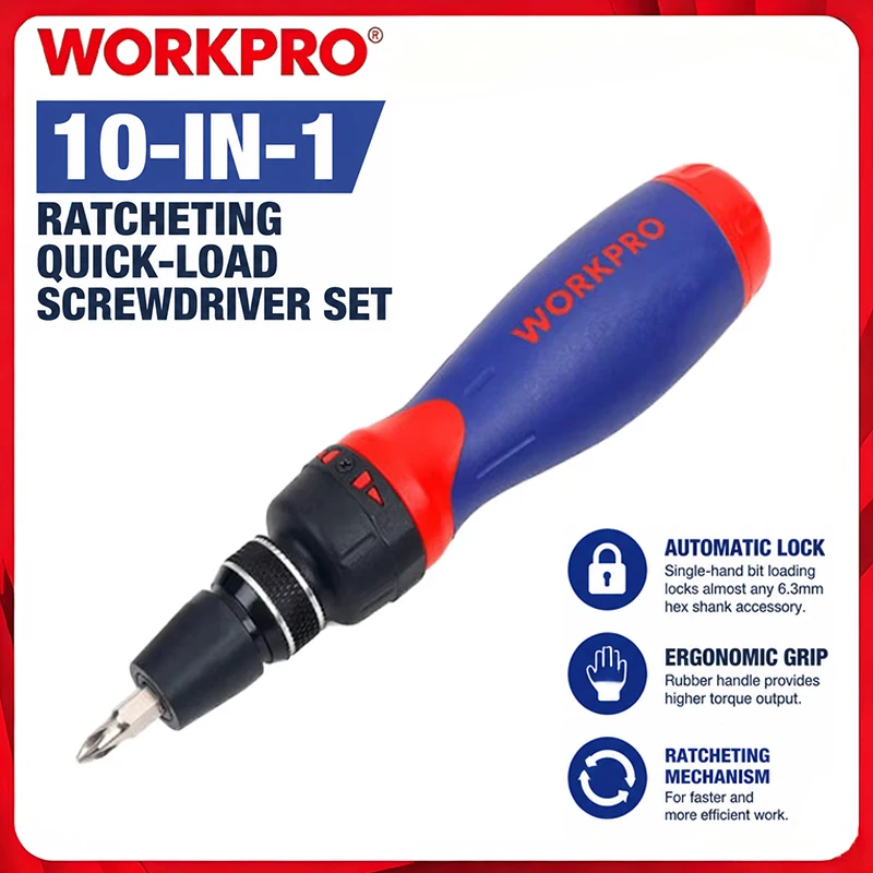 WORKPRO WP221059 10-in-1 Ratchet Screwdriver, Quick-Change Bit Design, Multi-functional Repair Hand Tool