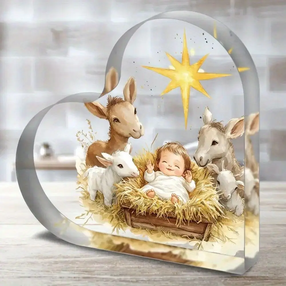 Heart Shaped Acrylic Nativity Ornament Golden Star, Christmas Easter Religious Table Decor Gift