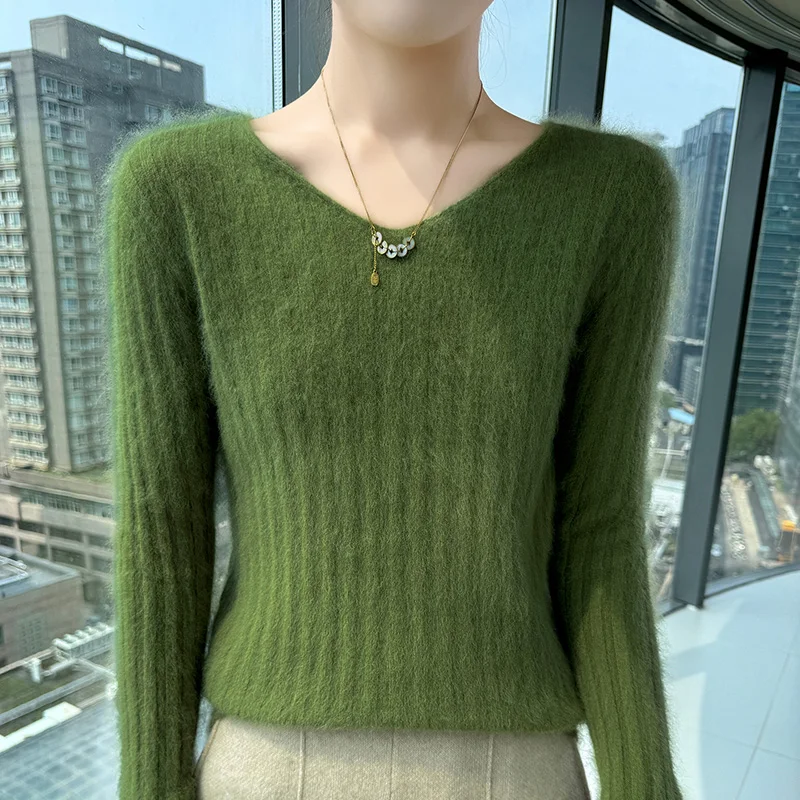 

Осень и зима, 100% норковый кашемировый свитер, пуловер, женский трикотаж с v-образным вырезом и длинными рукавами, базовая элегантная теплая одежда, топы