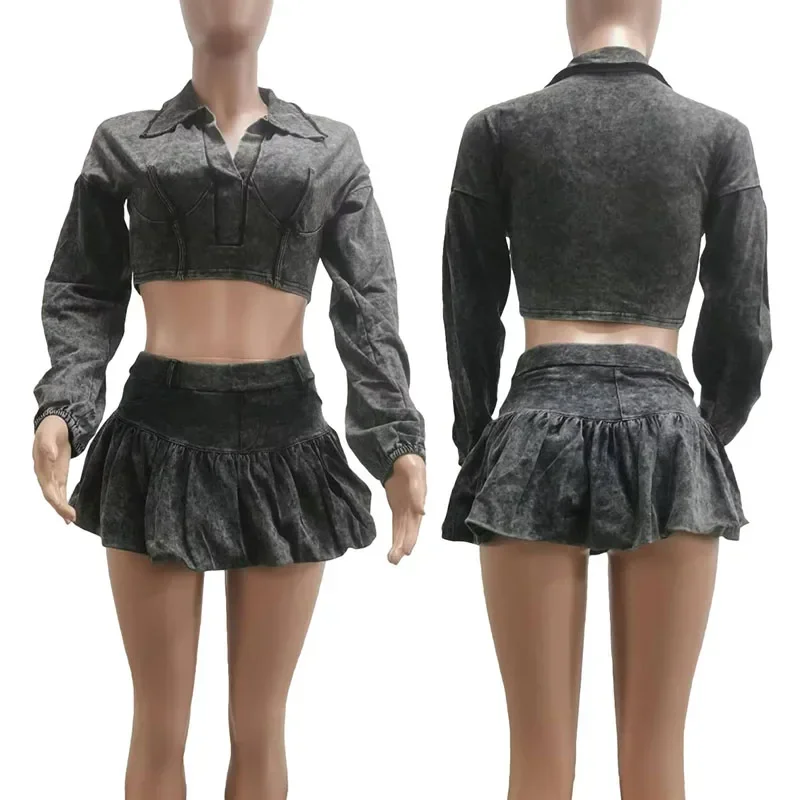 Sexy Club Party Birthday Outfits Women Two Piece Set Y2K Long Sleeve Crop Top and Mini Skirt Sets Womens 2 Piece Fall Outfit