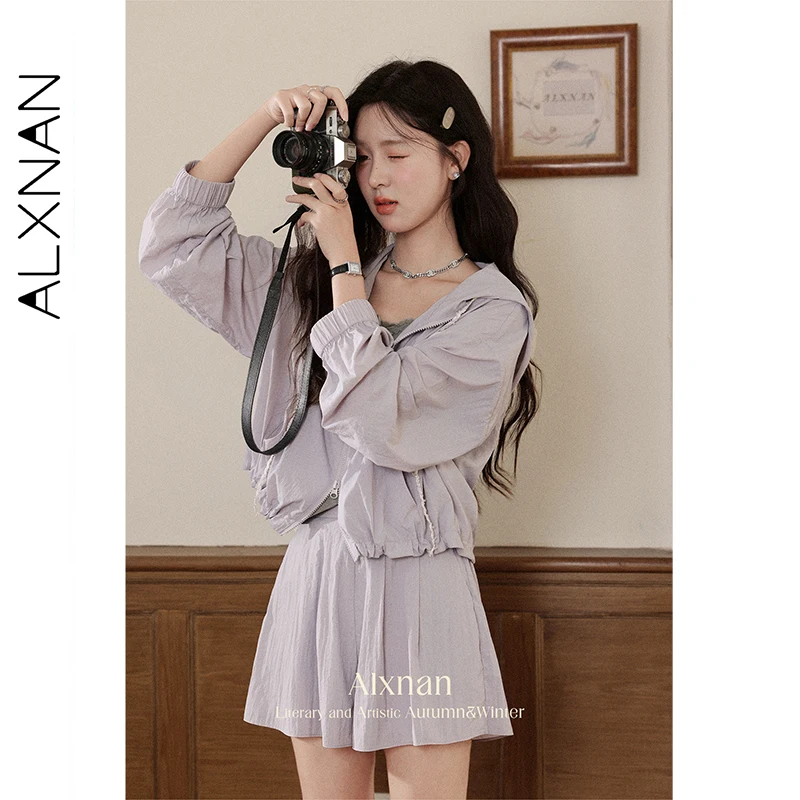 ALXNAN สีม่วงเสื้อฮู้ดสั้นซิปสายรัดหลวมเสื้อ 2025 ฤดูใบไม้ร่วงบางสบายๆเสื้อแขนยาวหญิง L56706