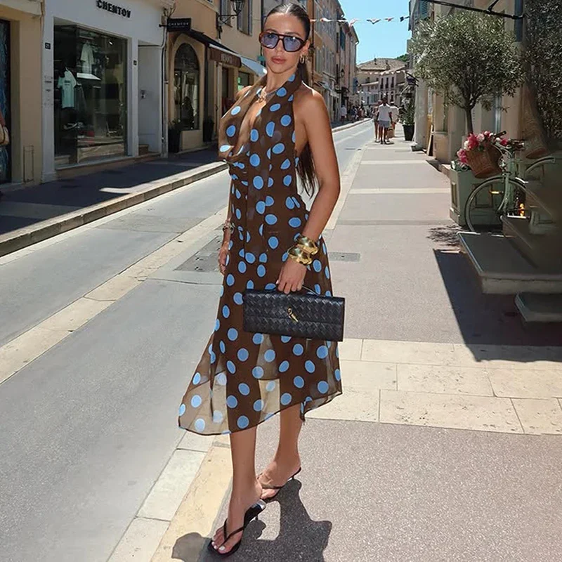 

Polka Dot Suspender Long Skirt Suit Women's Mesh Sexy V Neck Tanks Contrast Irregular Skirts See Through Dress Set Lady