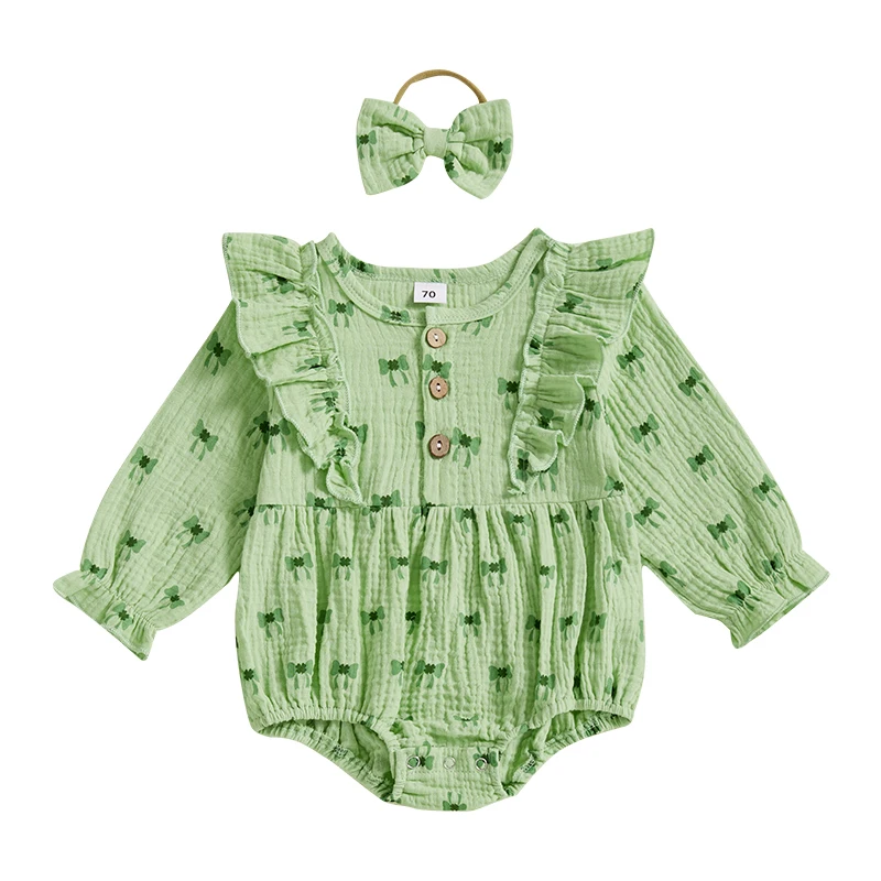 Baby Girls 2Pcs Spring Outfits Ruffle Long Sleeve Bow Print Romper with Headband Set Newborn Clothes