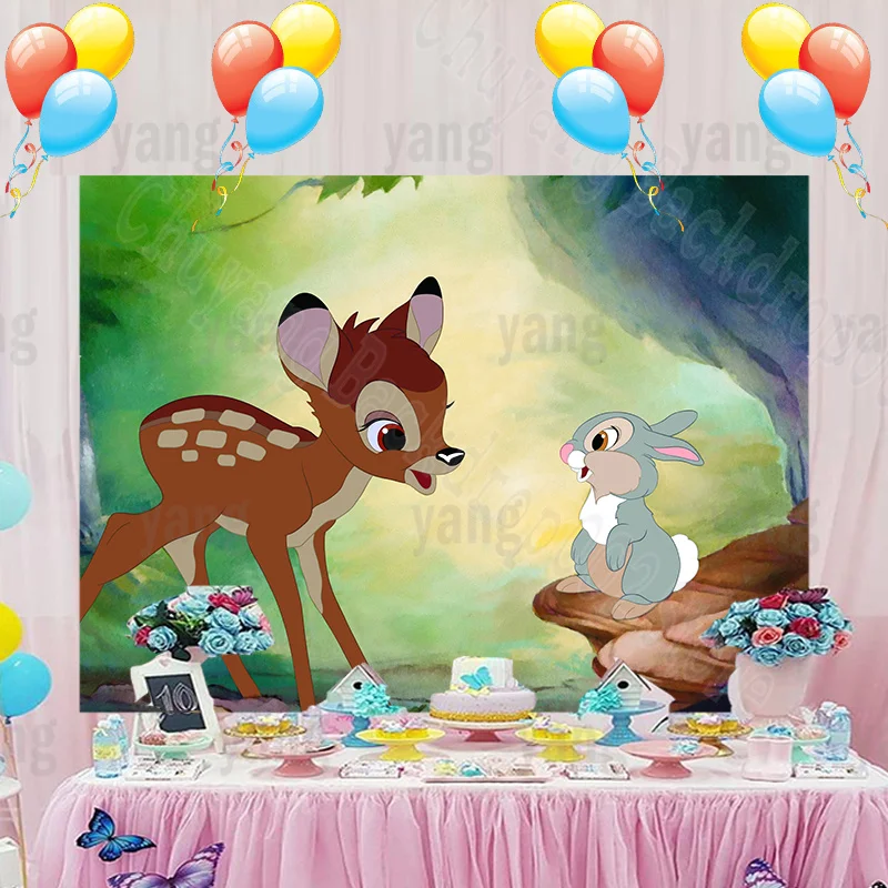 Custom Disney Princess Birthday Party Backdrops Decoration Bambi of Fawn Romantic Pink Butterfly Jungle Forest Background Banner