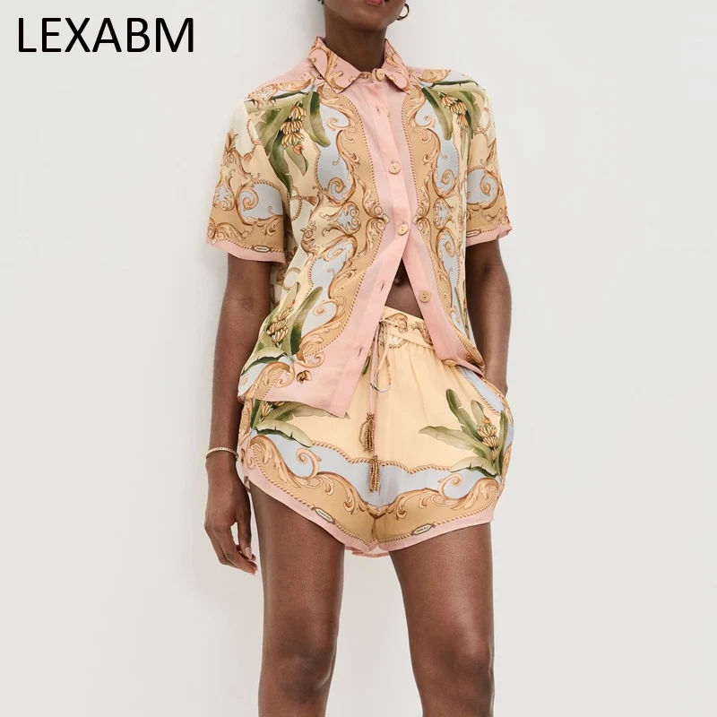 

Лето 2025 г., блузка с короткими рукавами и принтом, рубашка, короткие брюки, женские комплекты из 2 предметов, офисная женская льняная одежда с отложным воротником, уличная одежда
