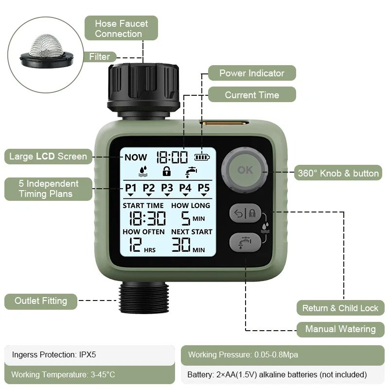 1. Garden Automatic Irrigation Timer Large Backlit Display Rain Sensor Knob Control Smart Watering Device