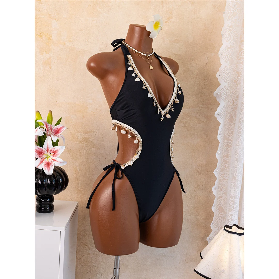 S - XL, Badeanzug mit V-Ausschnitt und Rüschen, Damen-Badebekleidung, Cut-Out-Monokini, gepolsterter Badeanzug, einteiliger Badeanzug, Damen, K8573. – Detail 6