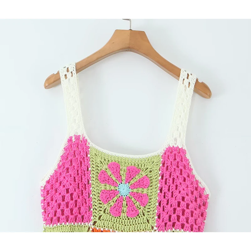 YENKYE 민족 Boho 수제 니트 격자 무늬 섹시한 슬링 드레스 여성 O 넥 슬릿 밑단 해변 휴가 여름 드레스 미디 가운