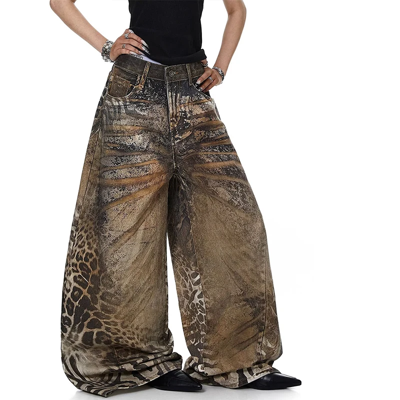 Y2K Leopard Print Jeans Loose Fit Style Floor Length Pants American Street Trend for Women Summer