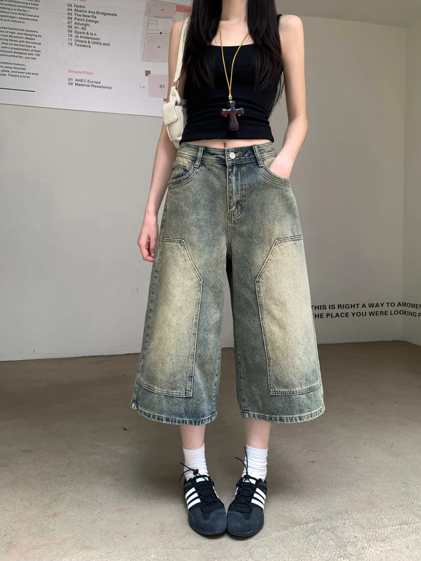 

American Retro Distressed Loose Women's Jeans High Waist Slim Wide Leg Pants Seven-Foot-Length Casual Style Summer Jeans