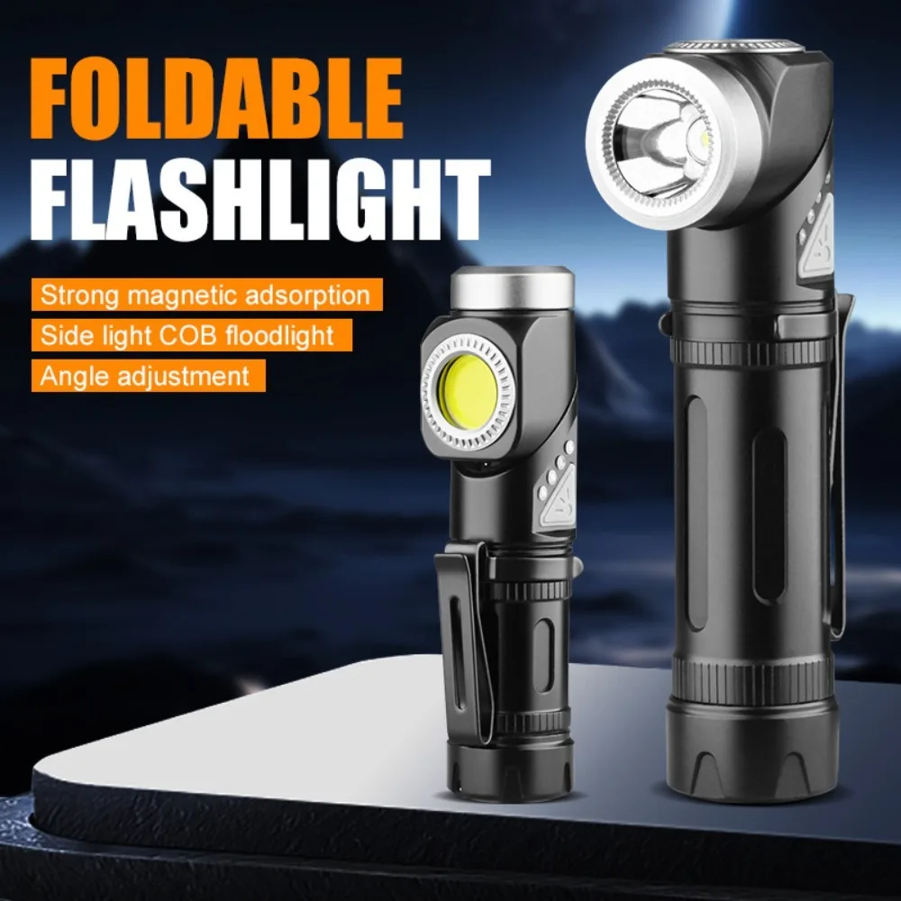 Rechargeable LED Flashlight with 90° Rotate Head Pocket Torch with Magnetic Base Emergency Headlight for Outdoor Hiking Camping