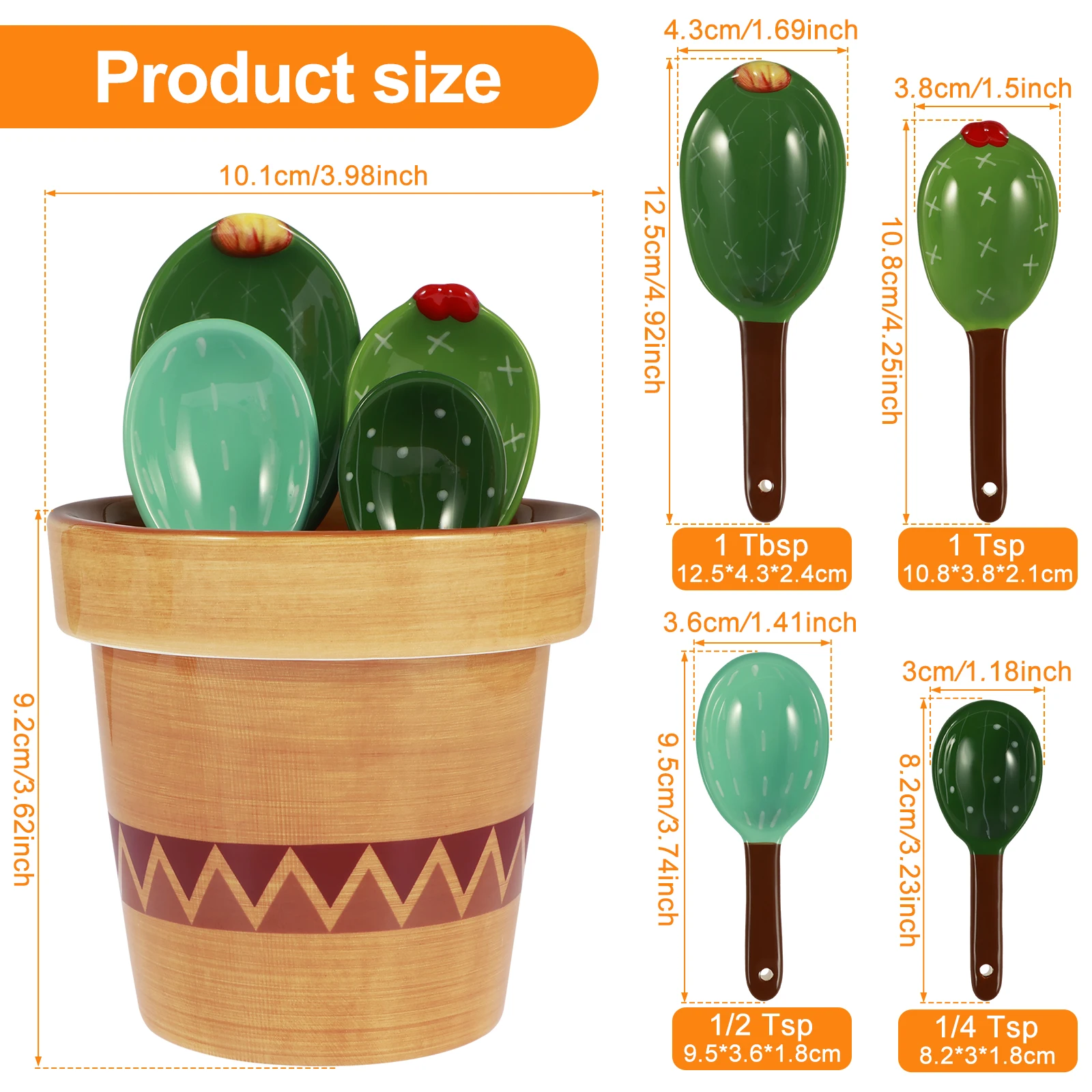 4Pcs Porcelain Measuring Spoons Set with Base Cute Cactus Shape Stirring Soup Spoon Reusable and Durable for Kitchen Tools