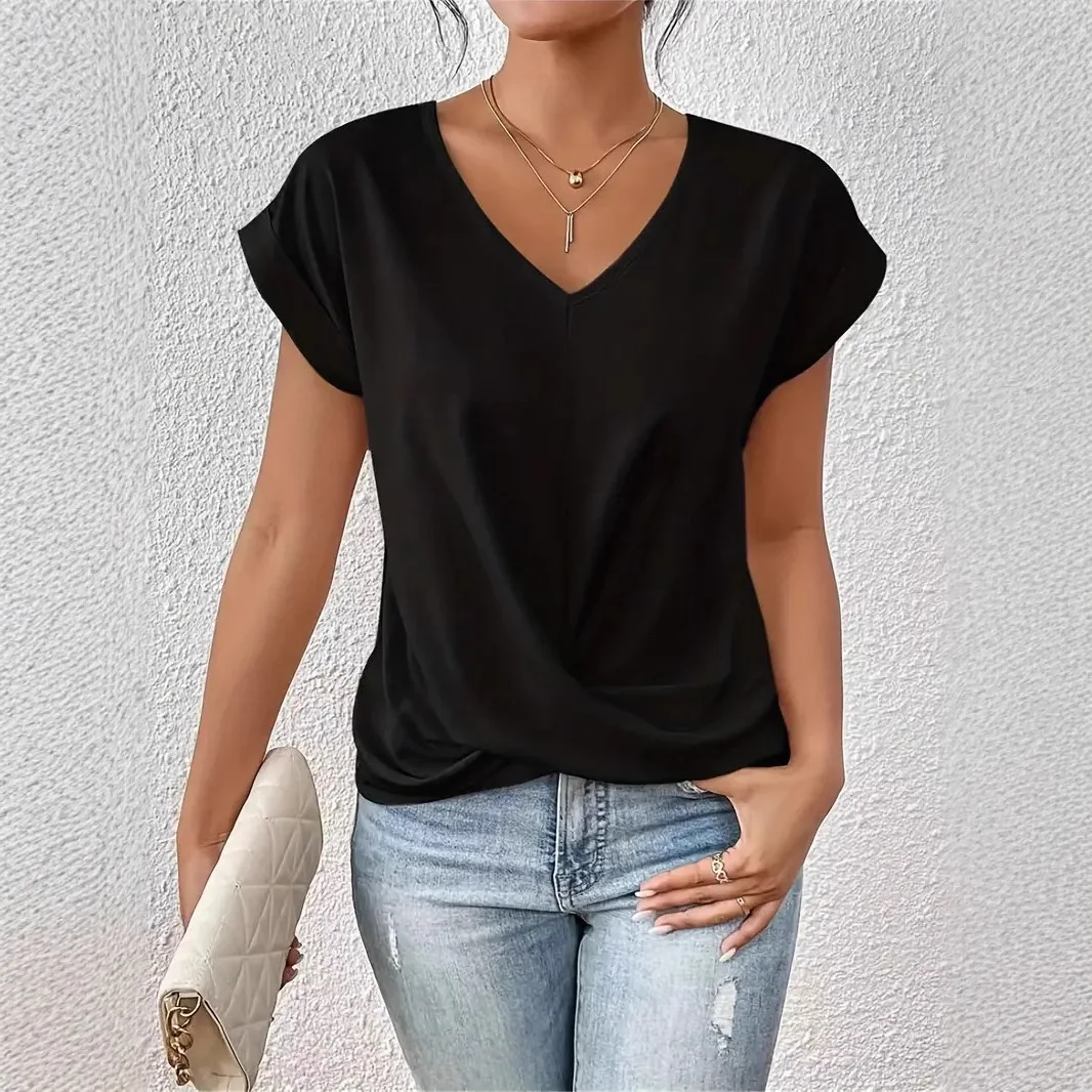 2026 Solid Color V-neck T-shirt Elegant Twist Short-sleeved Elegant Top Amazon Women Cw89123