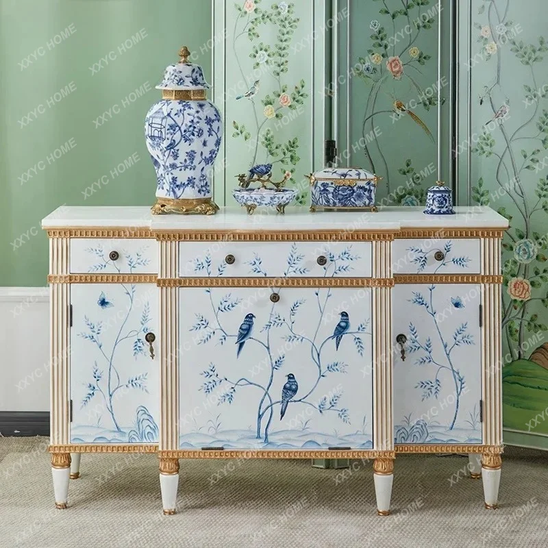 XX XSolid Wood Dining Side New Chinese Storage Tea Cabinet White Room Hallway Entrance Cabinet Blue And White High-end