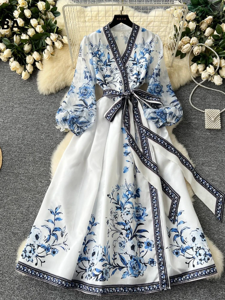 Women Vintage Printed Dress Spring Autumn Sexy V-neck Print High Waist Tied Bandage Long Dresses Ladies Elegant Party Long Robe