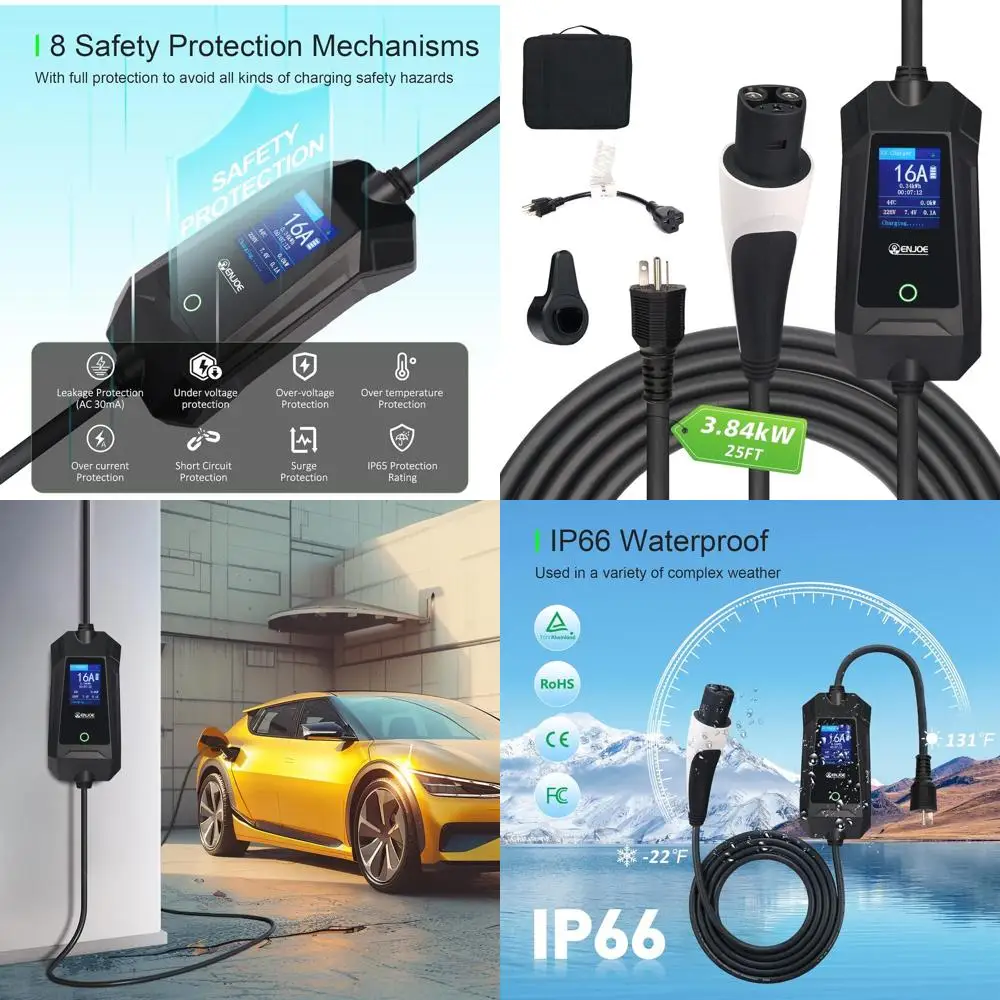 

Level 1 & 2 EV Portable Charger up to 16Amp, 110V / 240V with 25ft Cable for Tesla NACS, NEMA 5-15 & 6-20 Plug Indoor/Outdoor EV