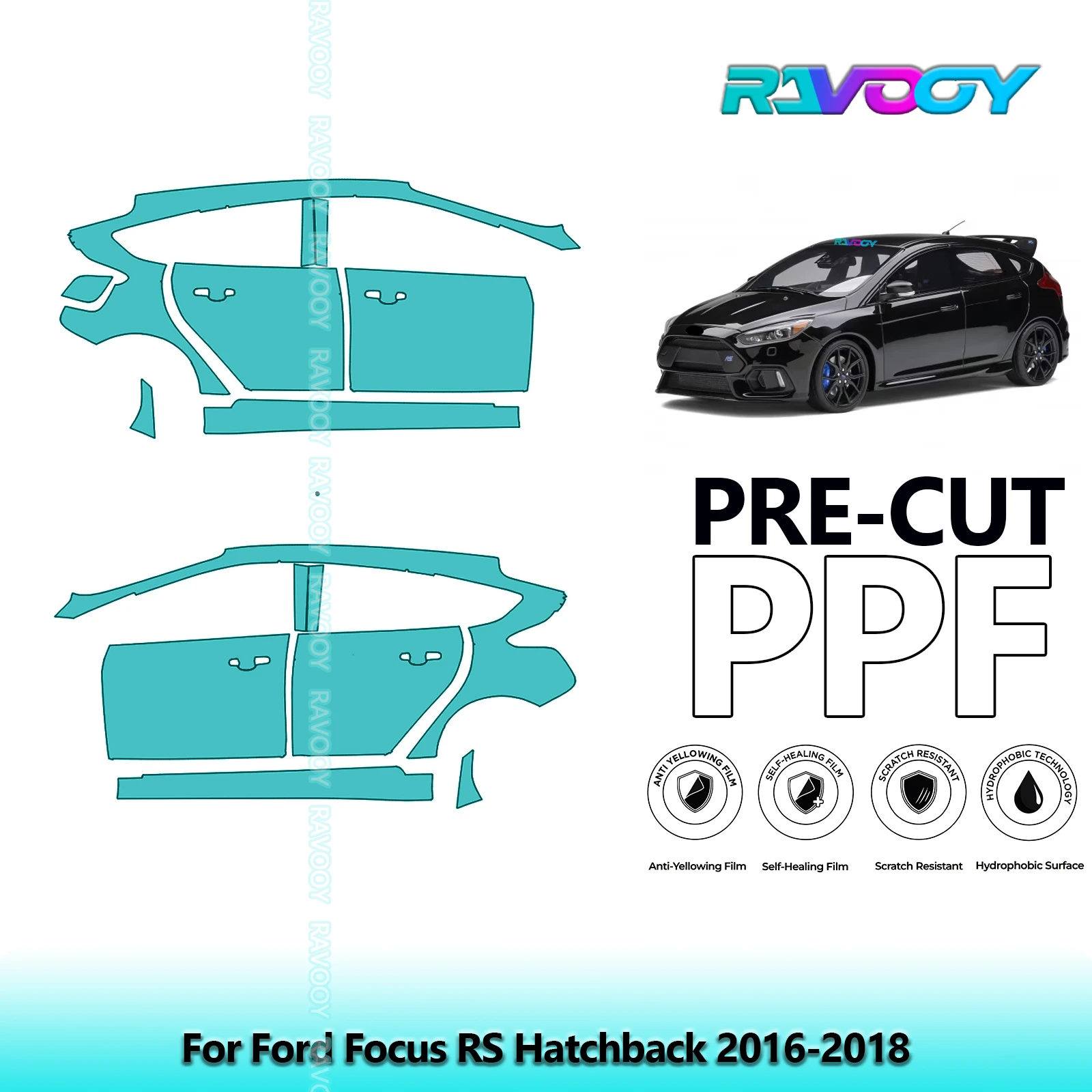 

For Ford Focus RS Hatchback 2016-2018 8.5mil Clear Matte Pre-Cut PPF Door & A/B Pillar Kit TPU Paint Protection Film Set