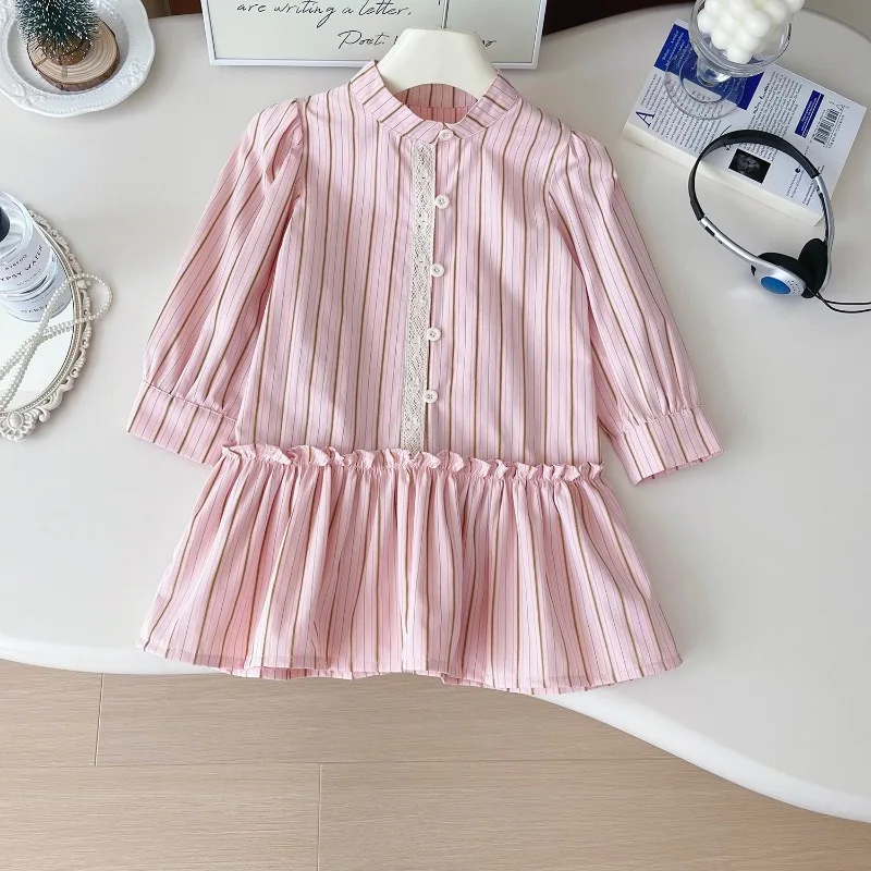 Girls Dress Autumn Spring Long Sleeve Lapel Shirt Dress Fall Striped Kids Dresses Children Casual Dress Baby Girl Clothes 2-7Yrs