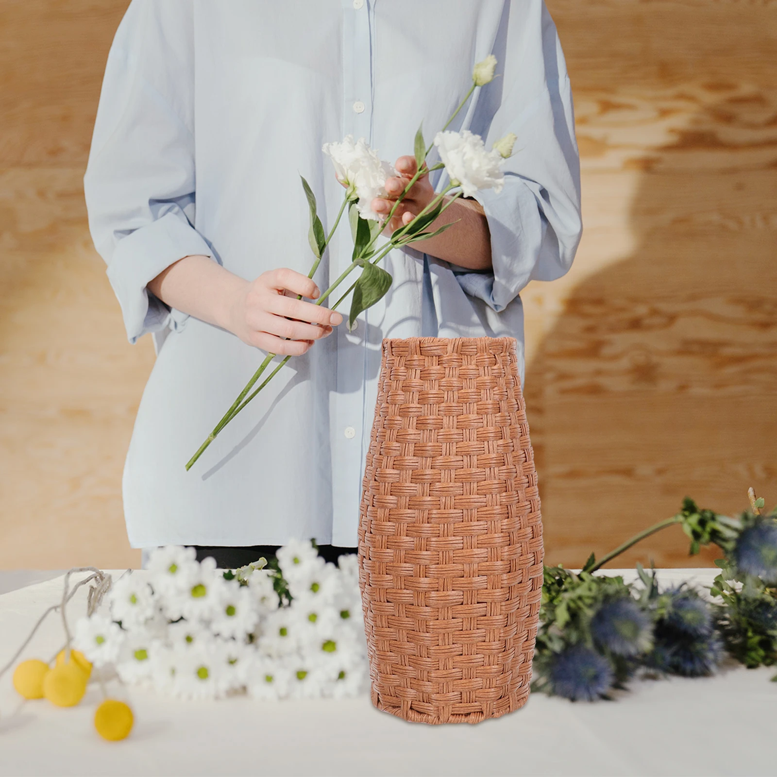 

Retro Vase PVC Woven Style Home Office Decor Dried Flower Holder Smooth Base Table Centerpiece Modern Design Practical Vase