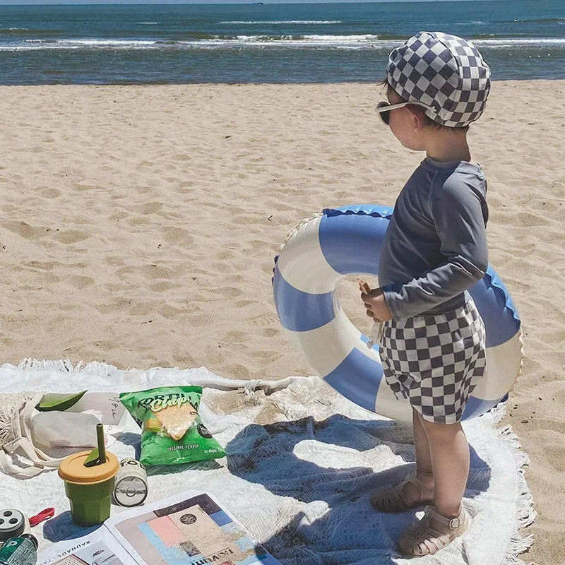 Conjunto de traje de baño de manga larga para niños, traje de baño de secado rápido, Top sólido y bañador a cuadros, traje de surf