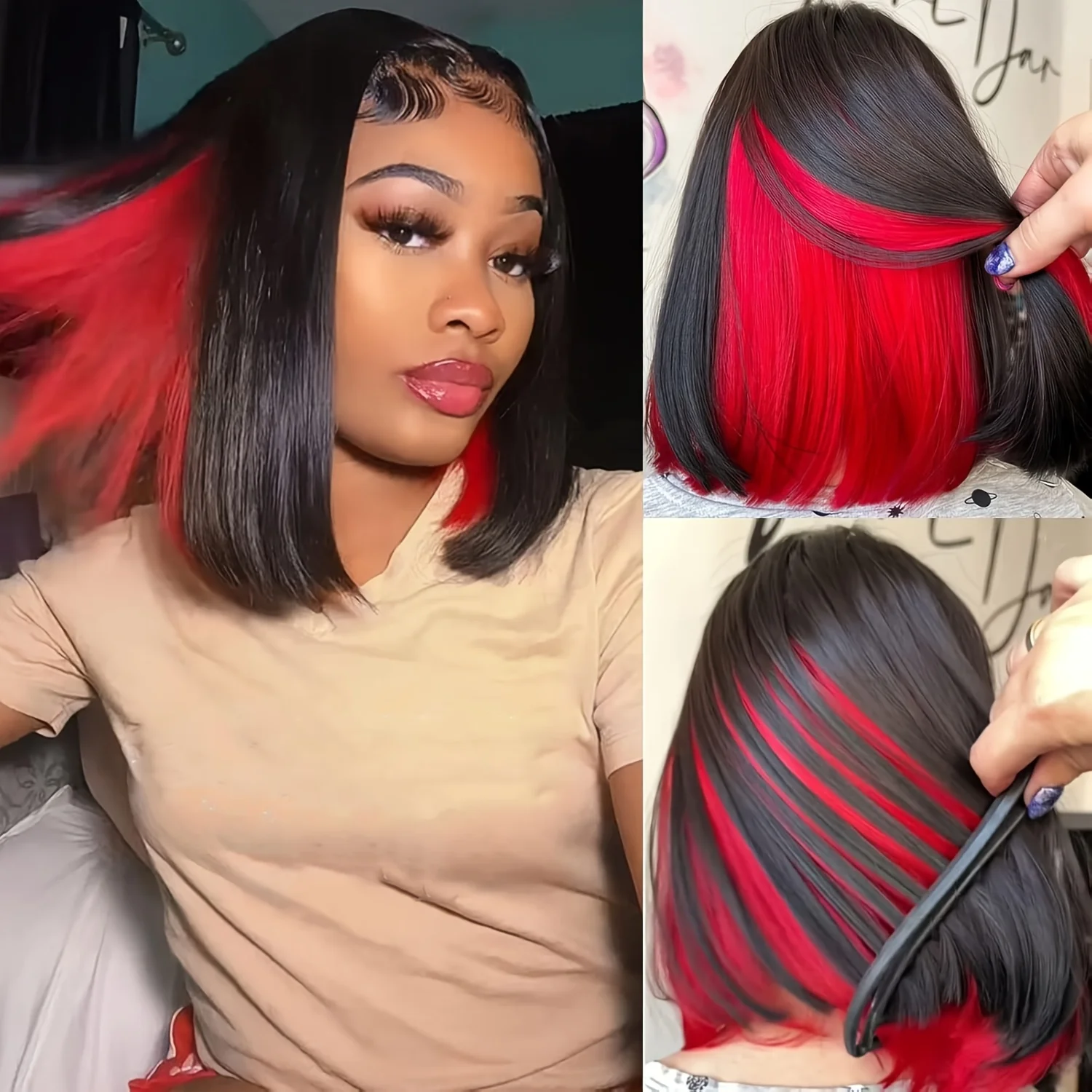 

Peekaboo Bob Wigs for Women - Black to Red Ombre Short Straight Synthetic Wig with Rose Net Cap, Lightweight & Breathable