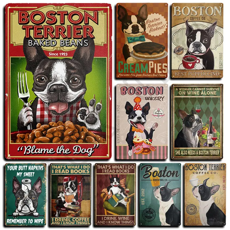 Vintage Dog Sign Boston Terrier Dog Tin Sign for Coffee Shop Pet Shop Restaurant Dessert Shop Pub Club Garage Metal Decoration