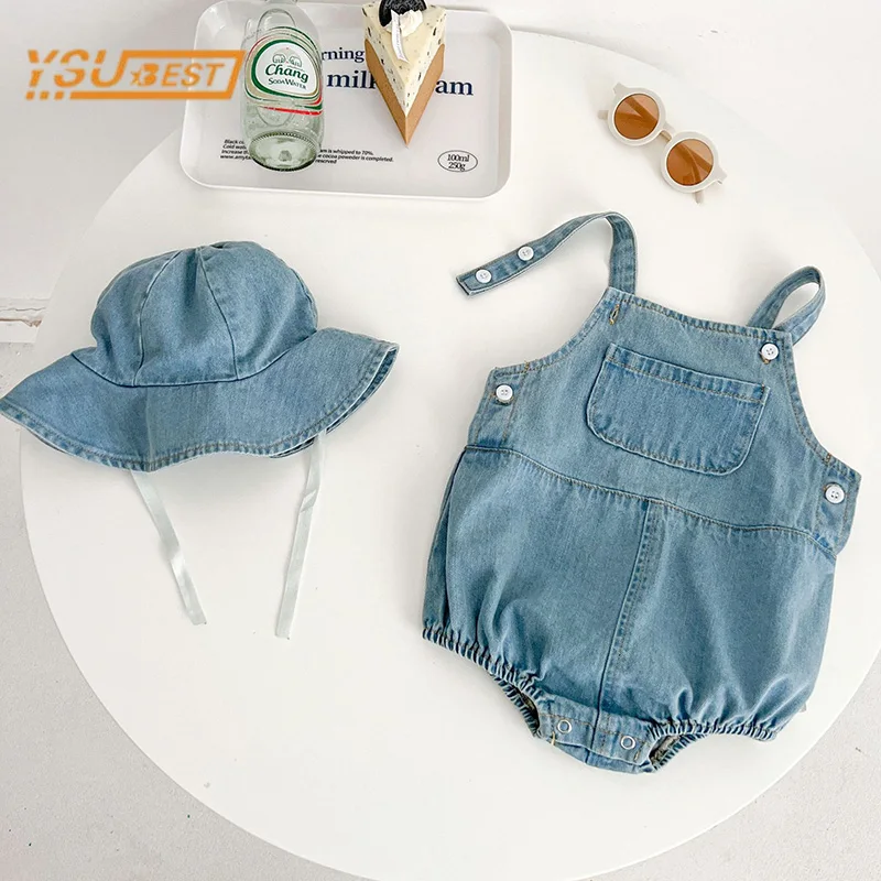 Infant Baby Girls Boys Romper Sleeveless Cowboy Solid Color Jumpsuit + Hat 0-3Yrs Kids Baby Girls Boys Rompers Clothes