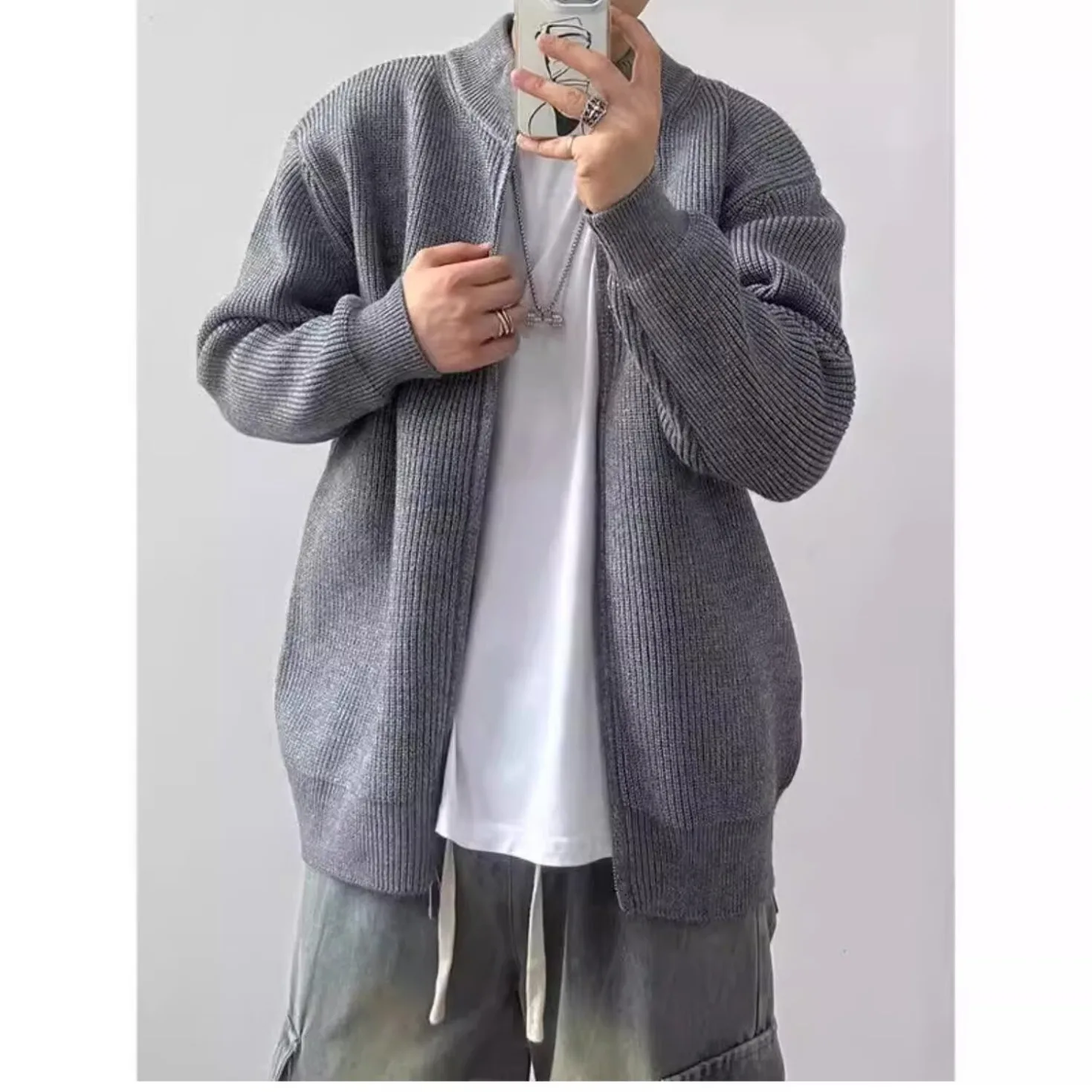 클린핏 솔리드 컬러 니트 오픈 가디건 남성용 봄 가을 하이 센세이션 레이지 스타일 한국 스탠드 칼라 지퍼 스웨터