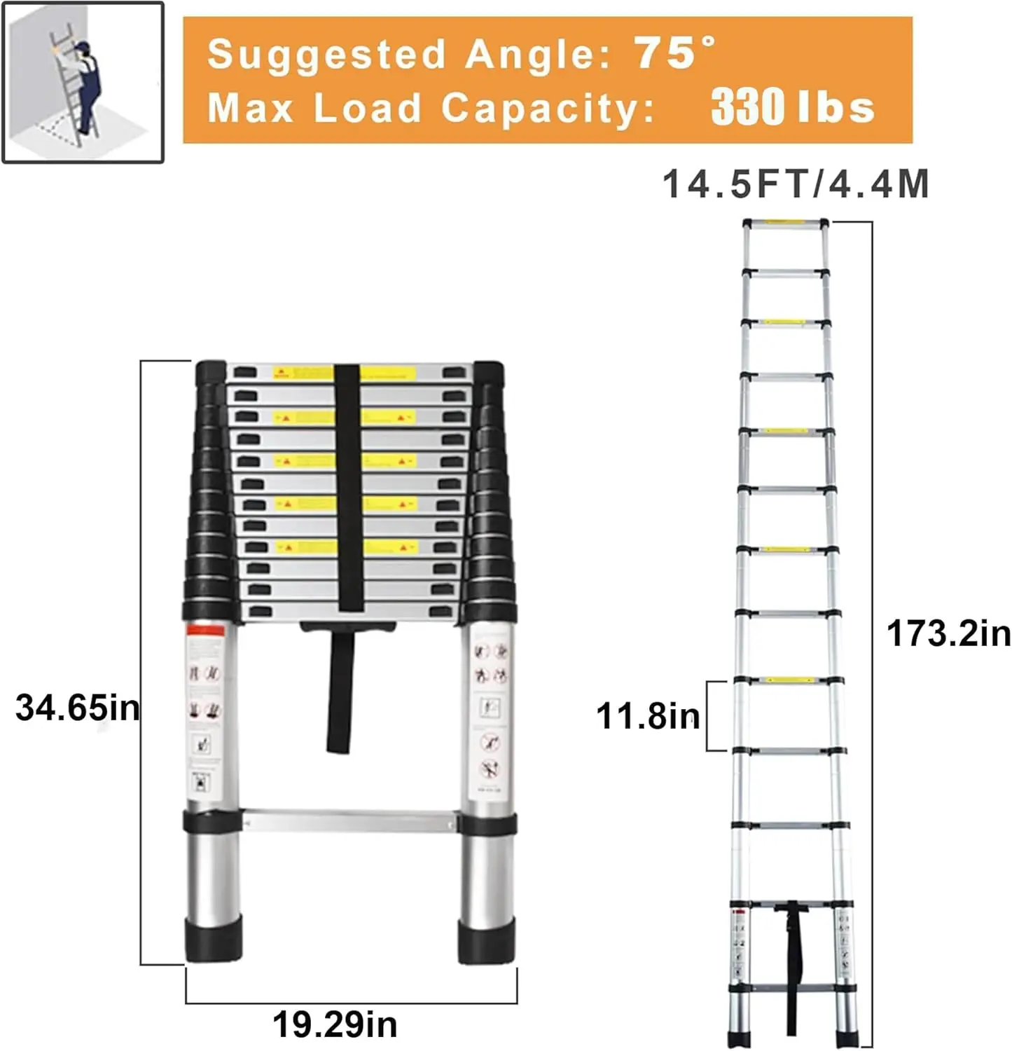 Telescoping Extension Ladder 14.5 FT, Folding Telescopic Aluminum Ladders, Lightweight Collapsible Ladder Step for RV Roof