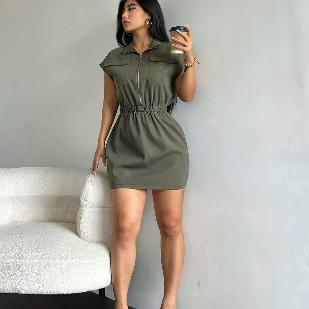 Womens Slim Fit Cargo Dress Short Sleeve Polo Collar Bodycon Mini Dresses Casual Utility Style Office Commuter Workwear