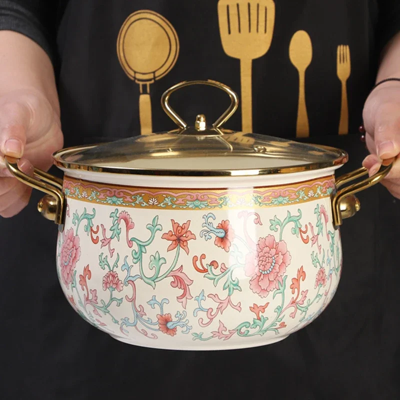 Enamel Soup Pot With Lid Retro Flower Pot Binaural Large Capacity Stew Pot Pink Enamel Utensils for Kitchen Delicate Cookware