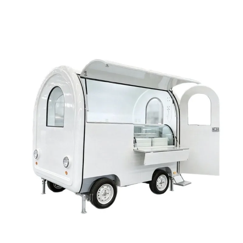 Commercial dining car, white curved appearance mobile dining car, two-wheel design, with lockers, commercial stall snacks