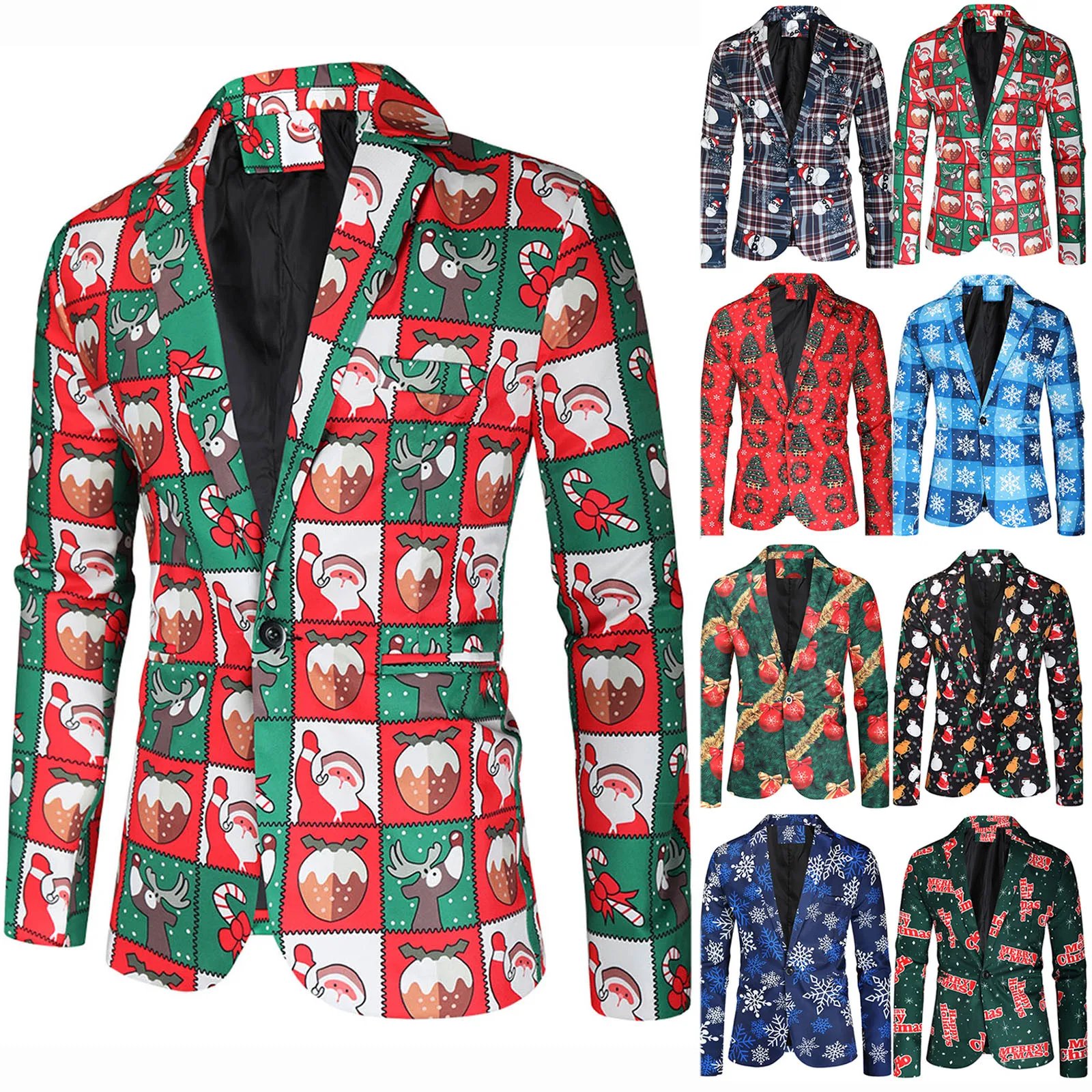 Men's Fashion Christmas Suit Party Coat Casual Slim Fit Blazer Buttons Suit Print Painting Long Sleeve Blazers Jacket Men