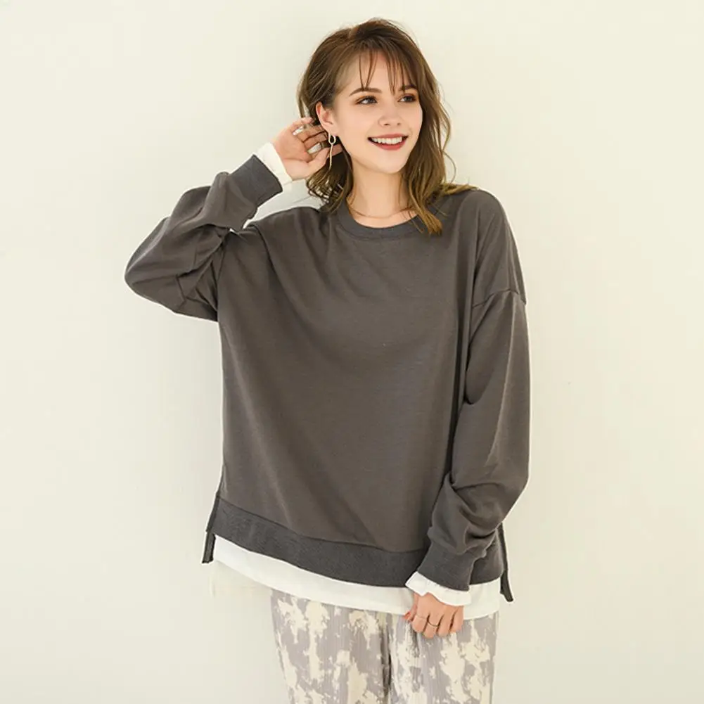 Women Sweatshirt Sport Tops for Women Loose Fit Pullover with Side Slit Design Long Sleeve Solid Color Sweatshirt Women