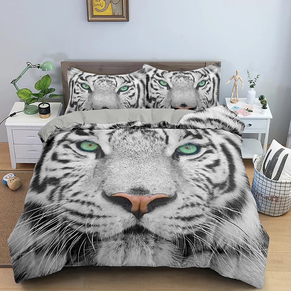 

3D Tiger King Queen Duvet Cover White Black Wild Animal Bedding Set For Kids Teens Adults Wildlife Grey 2/3pcs Soft Quilt Cover