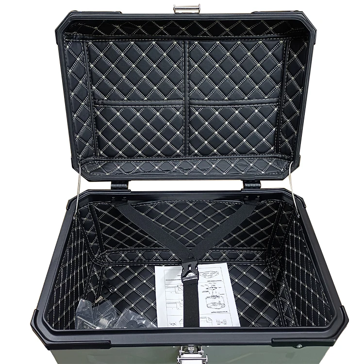 Vendita calda in fabbrica 65L Argento + Nero X Design F2-MOTO Scatola per bagagliaio universale in alluminio Custodia superiore per bagagli Scatola di coda per moto