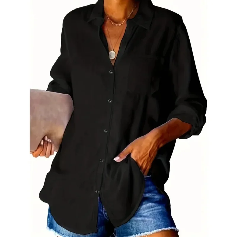Plus Size 1XL-5XL Women's Casual V-Neck Solid Color Shirt Ladies Pockets Fashion Lapel Collar Blouse Shirt image 5