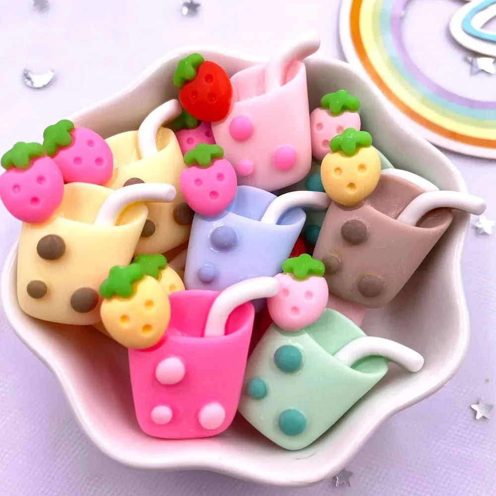 10PCS Resin Colorful Cartoon Kawaii Strawberry Beverage Cup Scrapbook Flatback 3D Food Figurine DIY Bow Decor Accessories Crafts