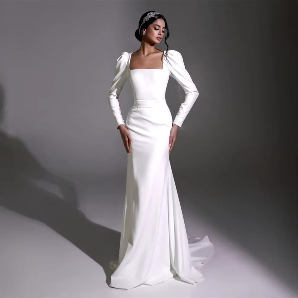 

Elegant Long White Square Neck Wedding Dresses Long Sleeves Mermaid 웨딩드레스 Buttons Back Sweep Train Bridal Gowns For Women