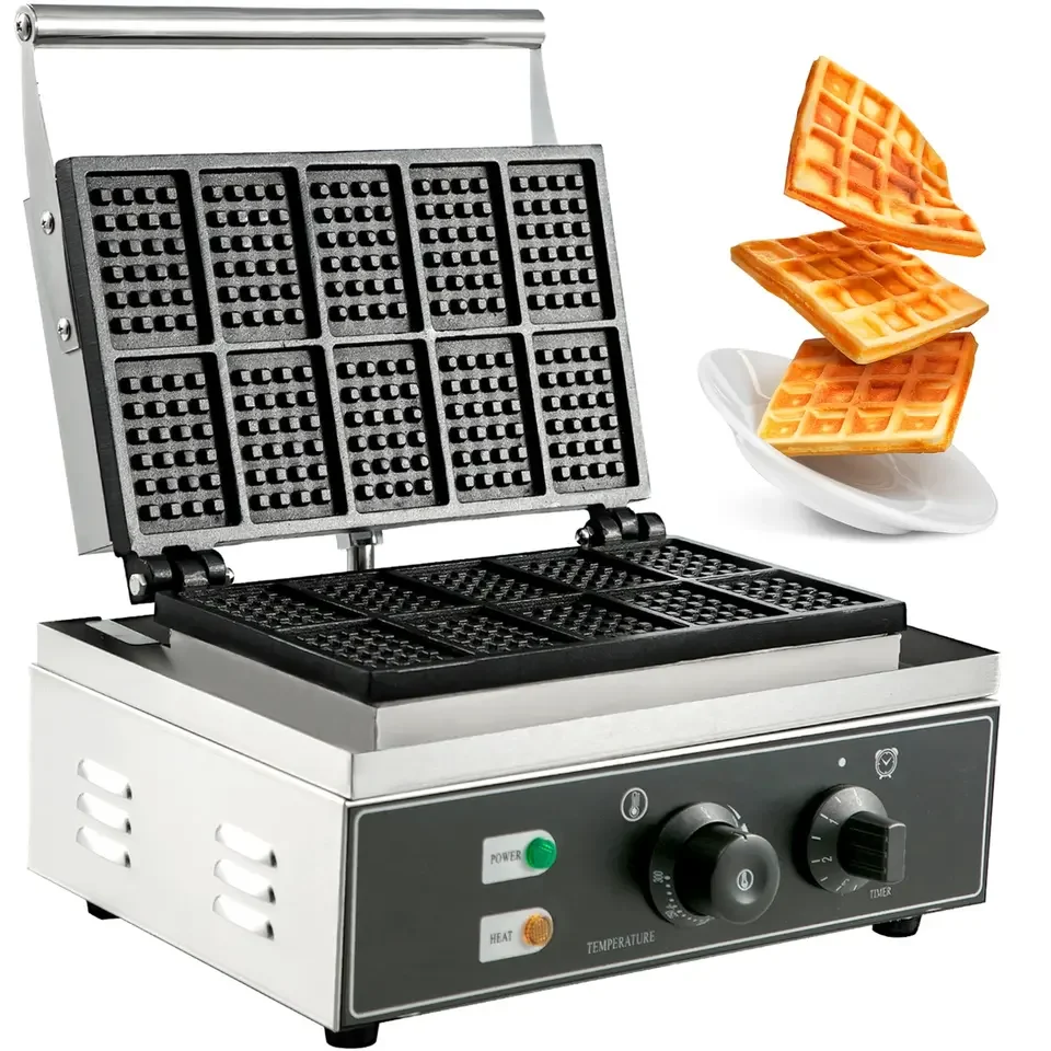 Factory Wholesale Commercial Rectangle Waffle Baker 10pcs Nonstick Electric Belgian Waffle Maker Machine Snack Machine