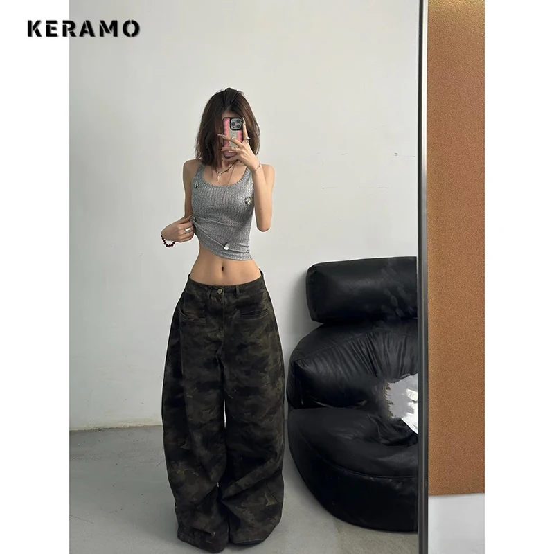 

2025 Autumn Womens Jeans High Waist Baggy Casual Vintage Y2K Camouflage Straight Pants Street American Wide Leg Denim Trouser