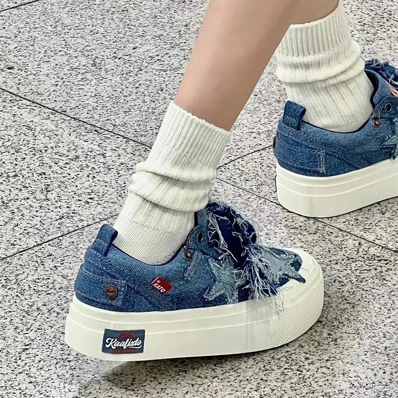 Korean Fashion Female Sneakers Denim Canvas Shoes American Hip Hop Personalized Women High Street Walking Shoes For Girls tenis