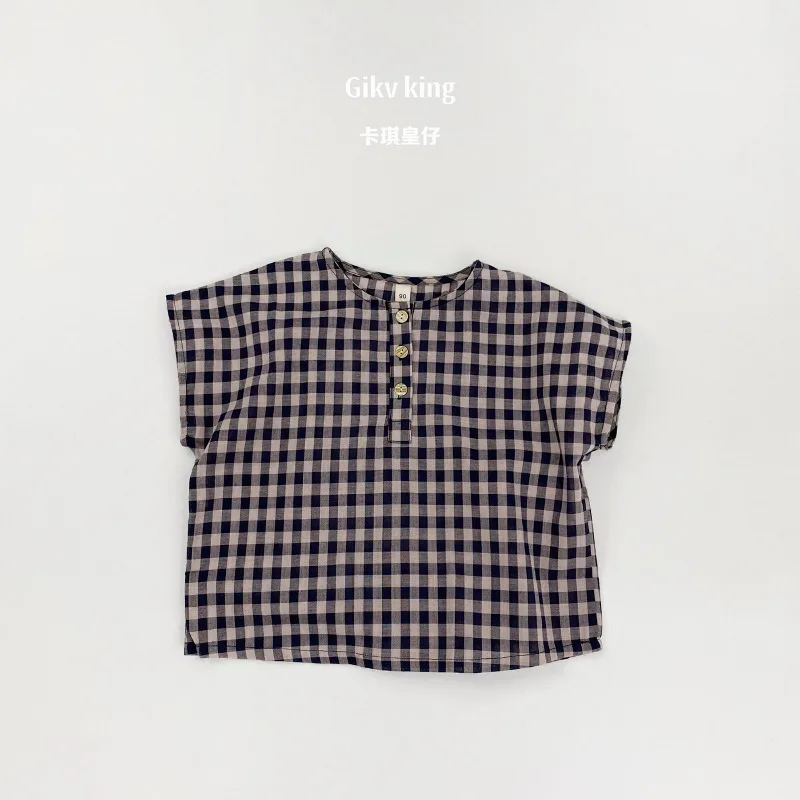Children's plaid short sleeved shirt, Korean loose shoulder, children half open button top, summer cotton and linen