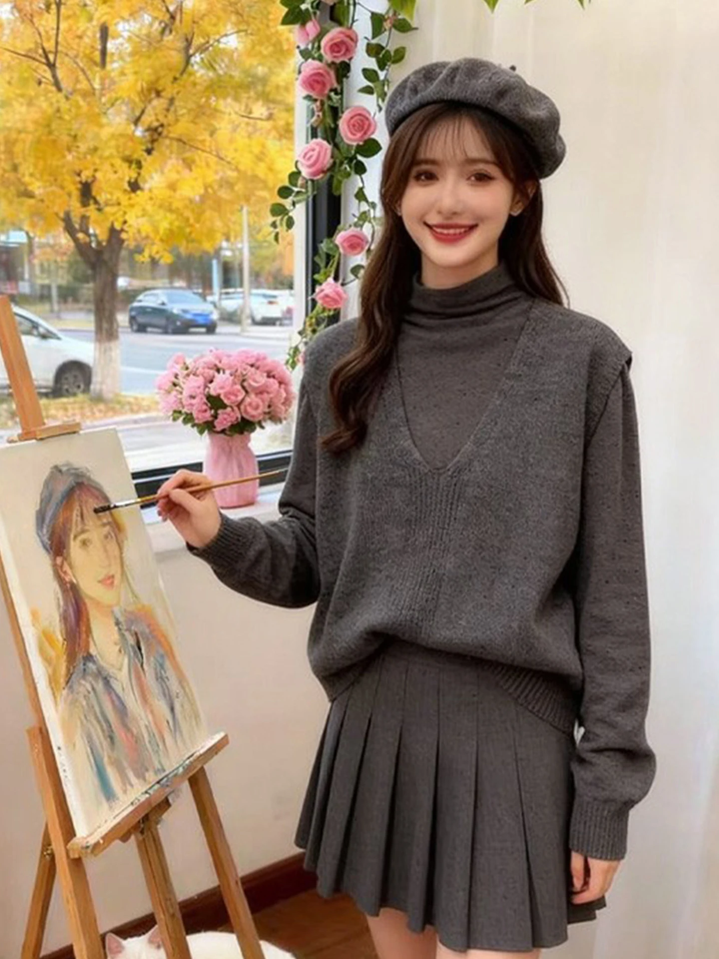 

2026 Spring New Sle Women's Faion Set f High Collar Long Sve Base irt Vest Two-Piece Pure Color Versatile Ensemble