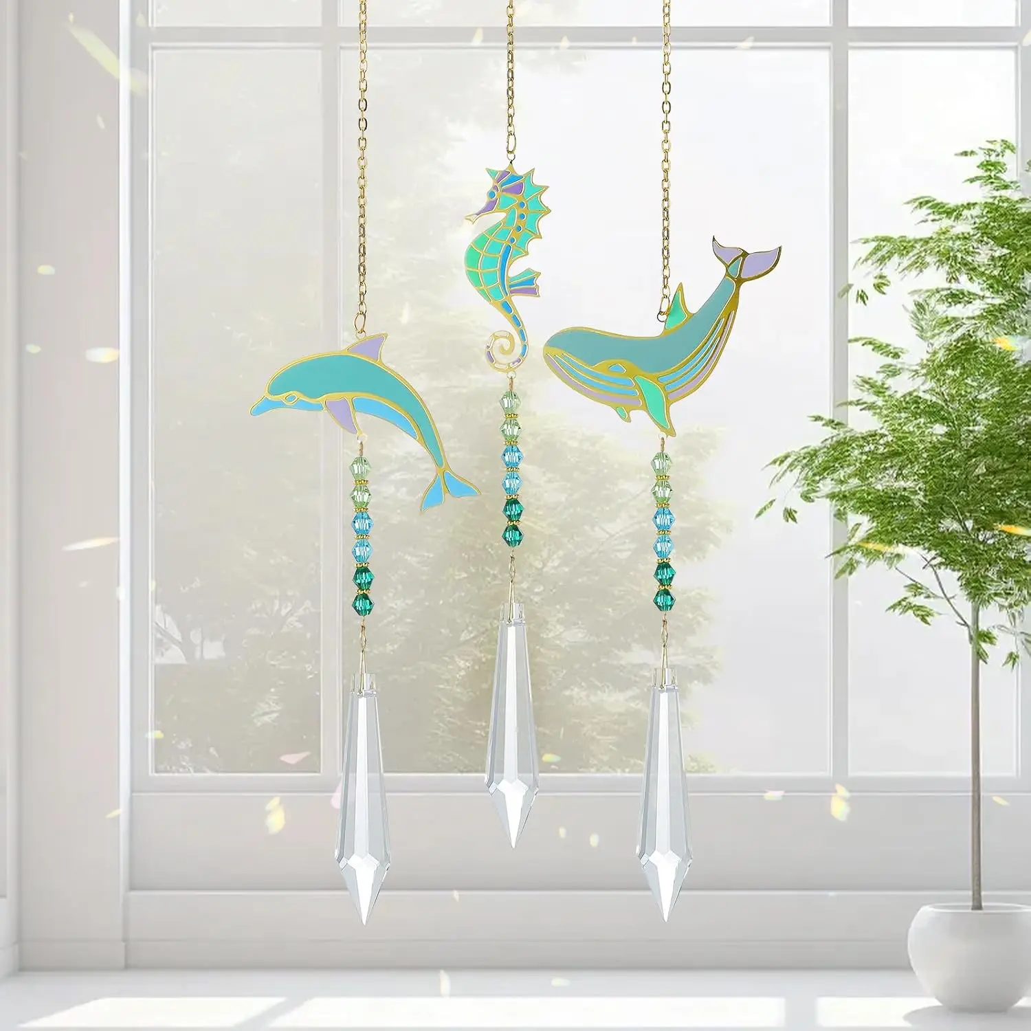3pcs Blue Crystal Suncatchers For Window Hanging Garden SunCatchers with Crystals Prisms Rainbow Maker Handmade Ornaments