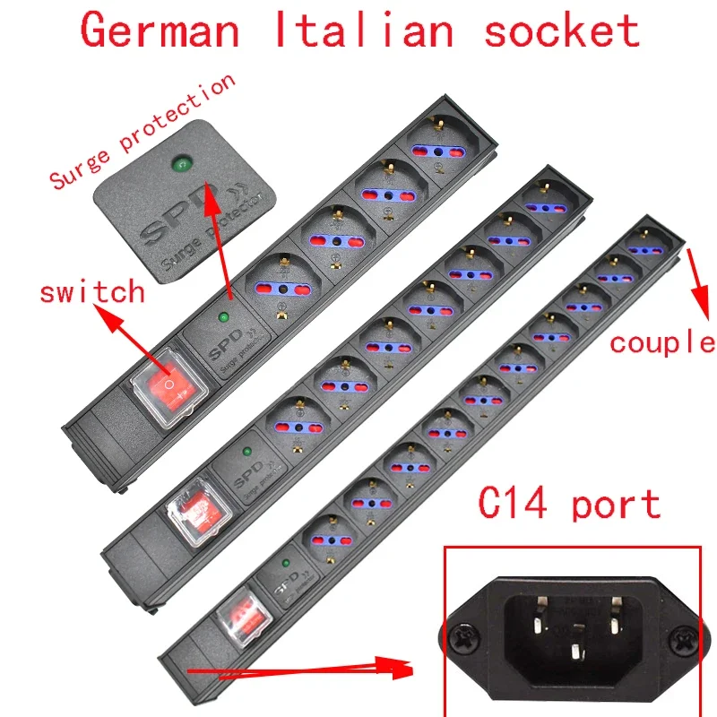 PDU Power Strip Distribution Unit Cabinet C14 port EXTENDER 1-10 Way German Italy Socket 16A 4000W Surge protection