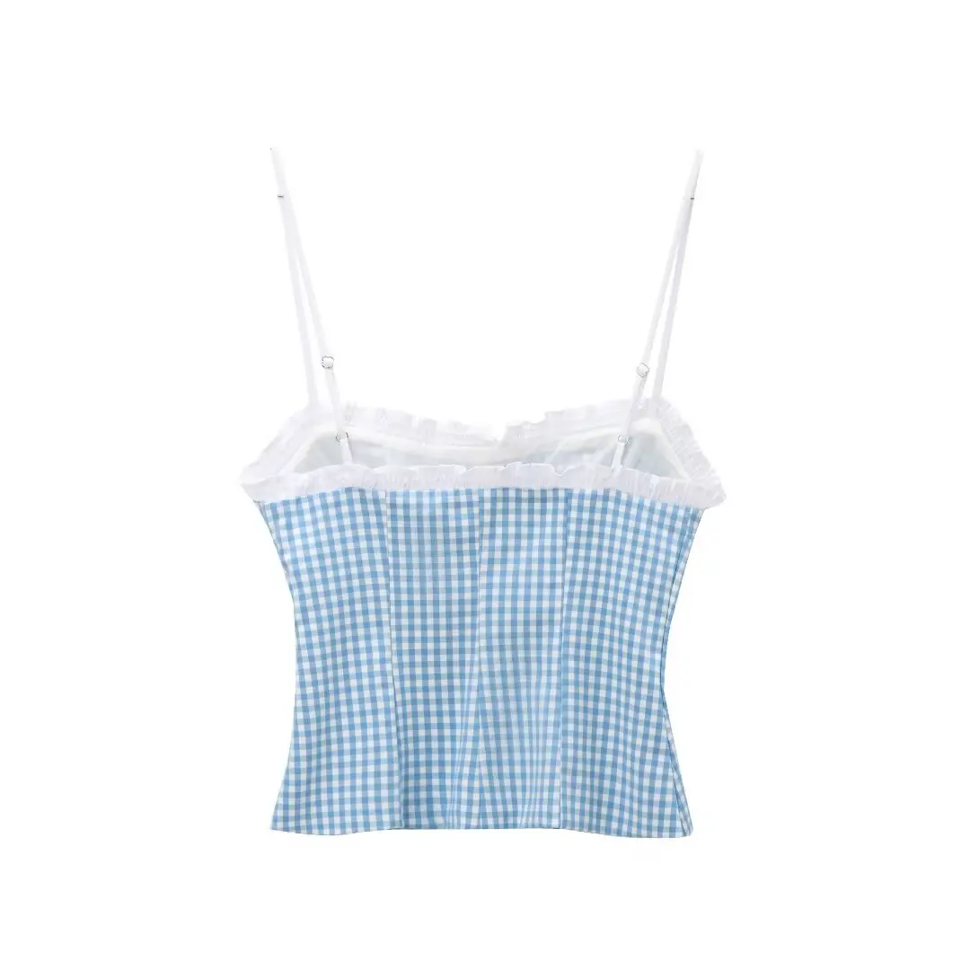 Tangada 2024 Summer Women Blue Plaid Bow Crop Tank Female Backless Camis 3H0539